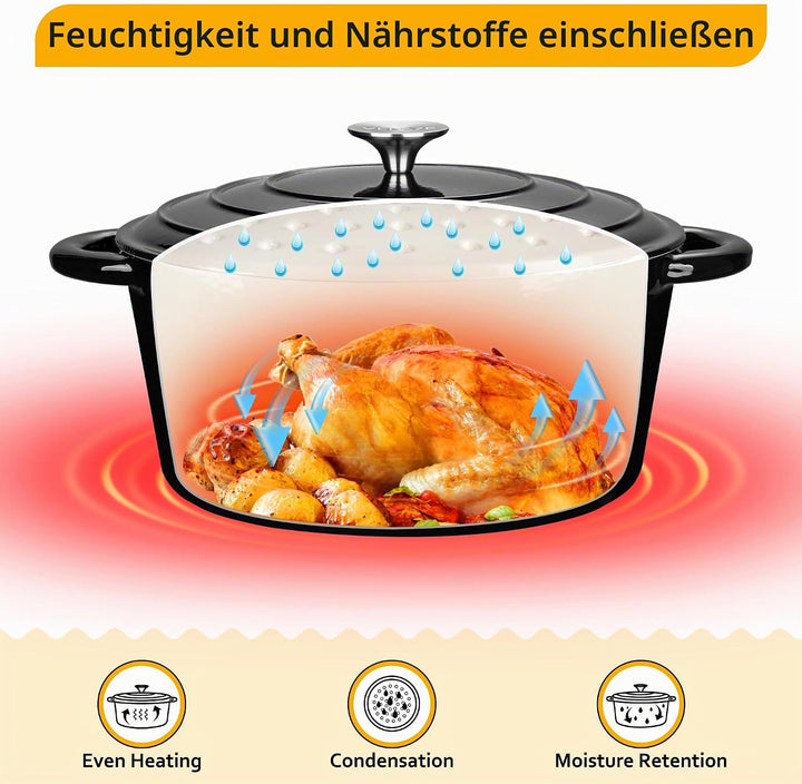 Velaze Gusseisen Topf 29cm, 6.5L Schwarz Gusseisen Bräter mit Deckel, Hochwertiger Emaille Topf Gros