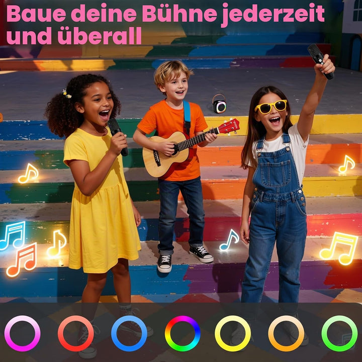 Karaoke Maschine für Kinder Erwachsene, Bluetooth Karaoke Lautsprecher mit 2 Kabellosen Mikrofon, Mi