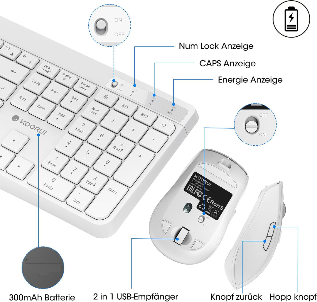 KOORUI Tastatur und Maus Kabellos, Wiederaufladbar Leise Maus Tastatur Set Deutsches Layout QWERTZ m