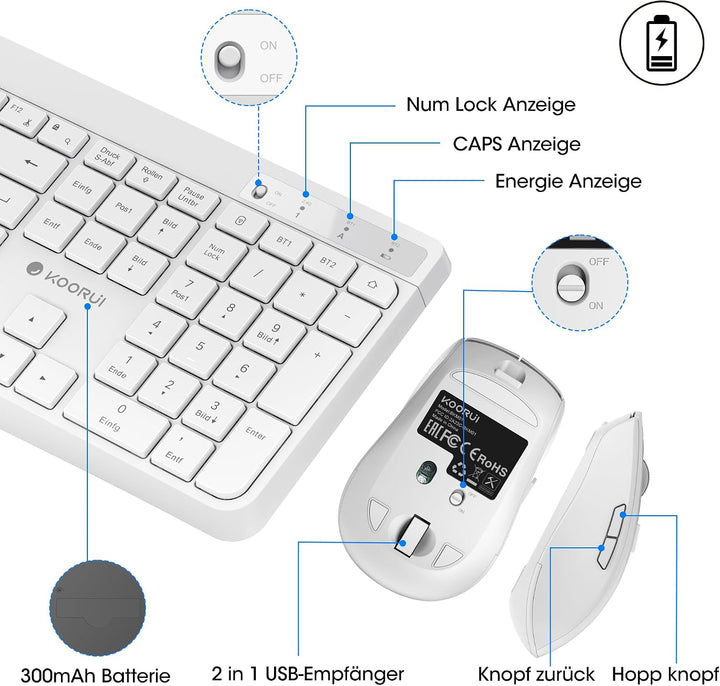 KOORUI Tastatur und Maus Kabellos, Wiederaufladbar Leise Maus Tastatur Set Deutsches Layout QWERTZ m