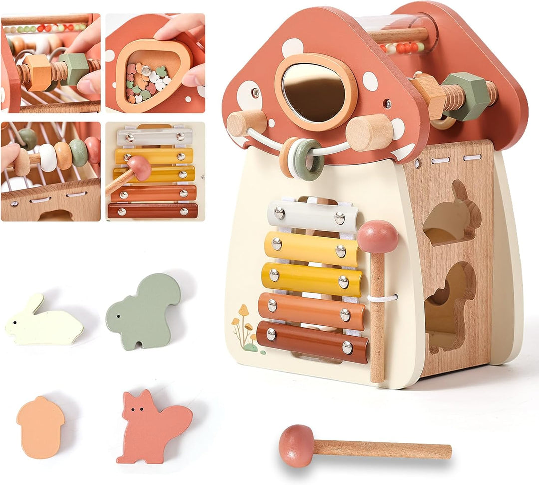 WOODEN TEETHER Montessori Motorikwürfel holzspielzeug Montessori Spielzeug ab 1 Jahr 5 in 1（Rosa Pil