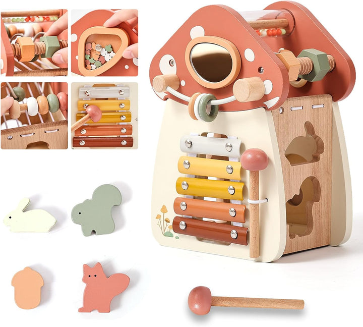 WOODEN TEETHER Montessori Motorikwürfel holzspielzeug Montessori Spielzeug ab 1 Jahr 5 in 1（Rosa Pil
