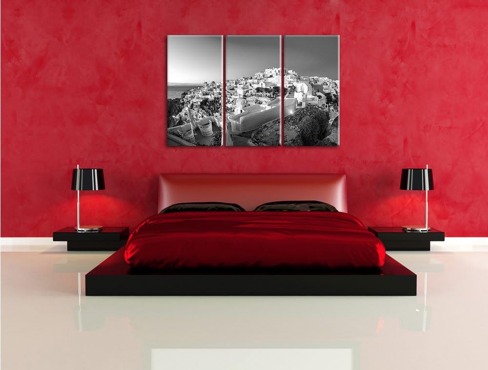 Pixxprint Oia Dorf am Sonnenuntergang Santorin Kunst B&W 3-Teiler Leinwandbild 120x80 Bild auf Leinw