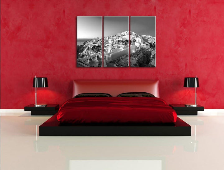 Pixxprint Oia Dorf am Sonnenuntergang Santorin Kunst B&W 3-Teiler Leinwandbild 120x80 Bild auf Leinw