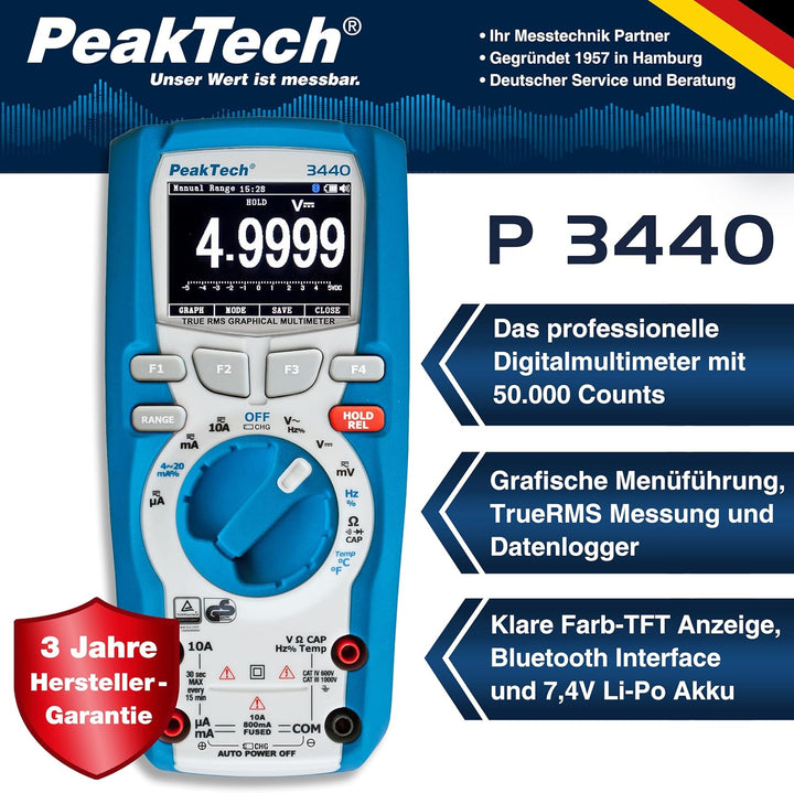 PeakTech 3440 Multimeter digital + 4.0 Bluetooth & Grafik-Display [3 Jahre Garantie] 50000 Counts, P