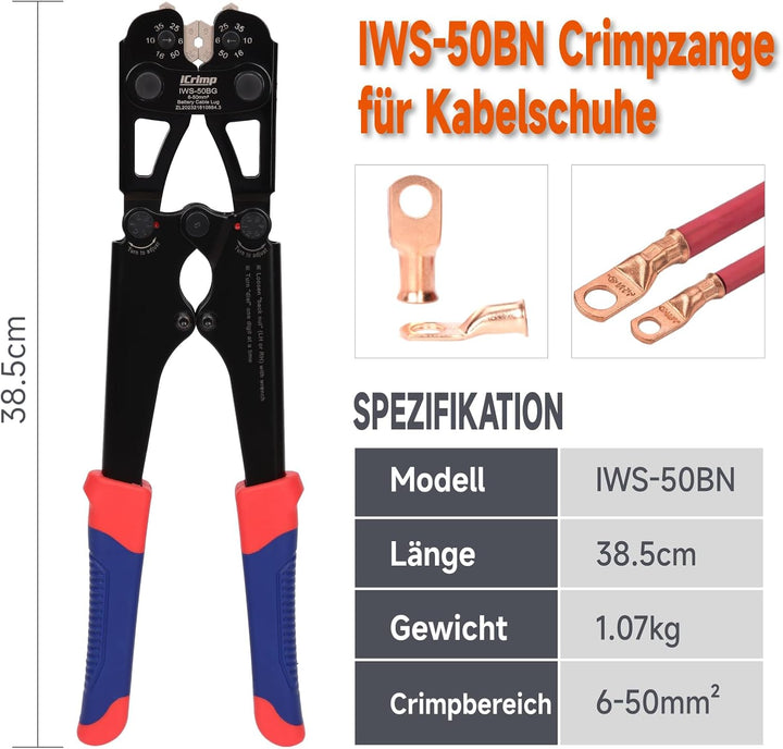 iCrimp Batteriekabelschuh Crimpzange 6–50 mm² mit Schnellwechselbacken | Kabelschuh Crimpzange mit e