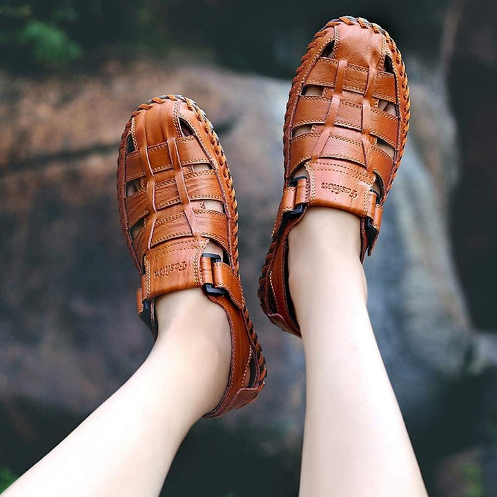 Moodeng Herren Sandalen Outdoor Leder Sommer Outdoorsandalen Sport Trekking Strand Geschlossene Klet