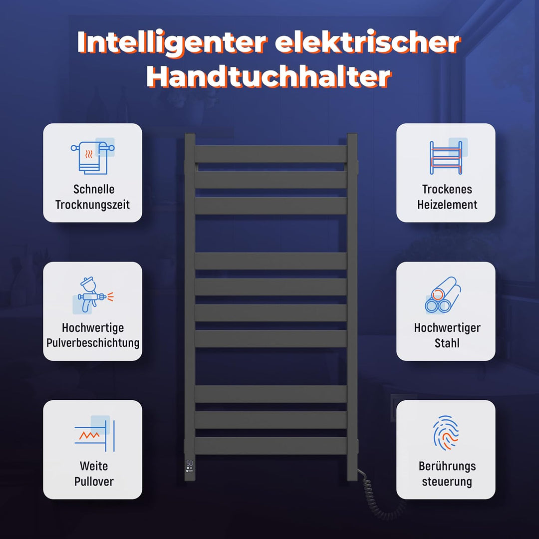 Elektrischer Handtuchhalter Black Largo 500x1000 mit Sensor Rechts - Schwarze Eleganz, Elektrischer