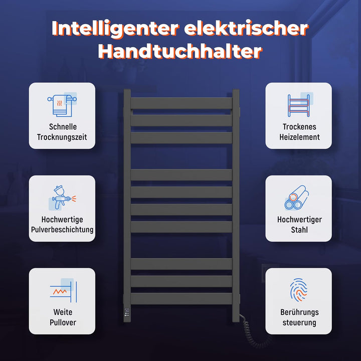 Elektrischer Handtuchhalter Black Largo 500x1000 mit Sensor Rechts - Schwarze Eleganz, Elektrischer