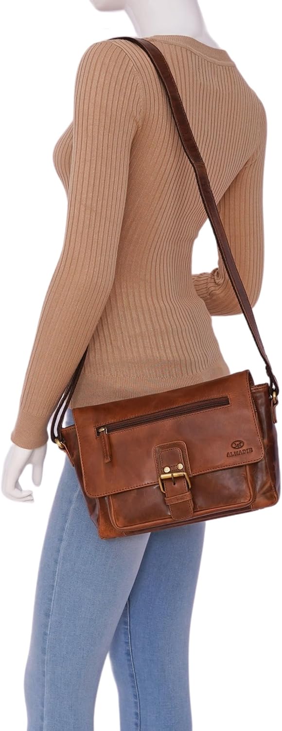 ALMADIH Premium Leder Unisex Umhängetasche KIM - Ledertasche Handtasche Messenger Schultertasche Fre