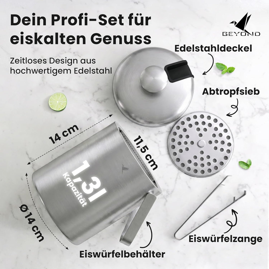 Beyond Eiswürfelbehälter mit Deckel und Zange 100% bpa frei aus Edelstahl - Eiswürfelkühler, doppelw
