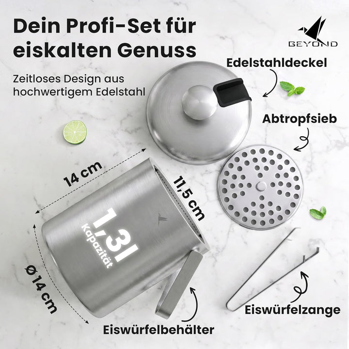 Beyond Eiswürfelbehälter mit Deckel und Zange 100% bpa frei aus Edelstahl - Eiswürfelkühler, doppelw