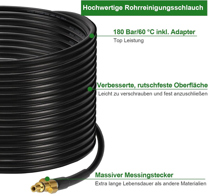 Ansobea 20m Rohrreinigungsschlauch für Hochdruckreiniger 180bar 60°C Rohrreiniger Schläuche Abflussr