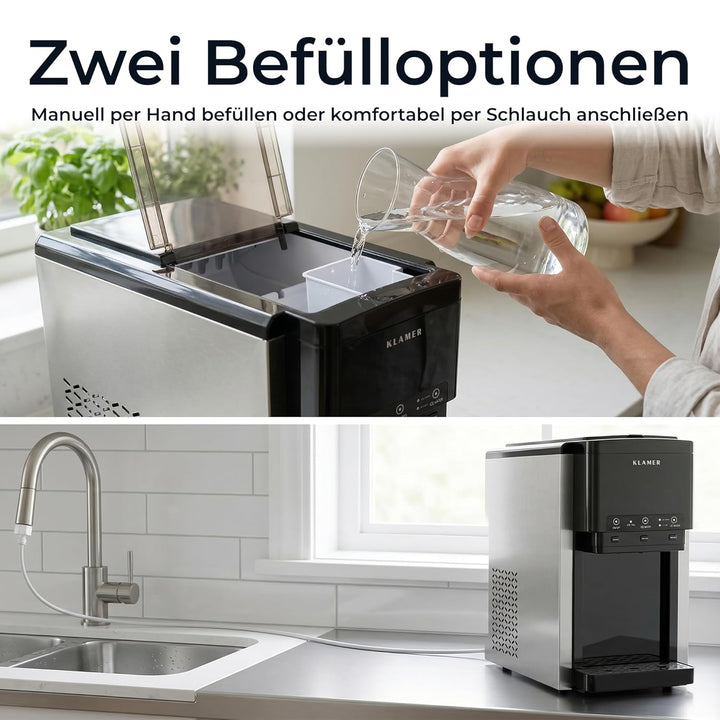 KLAMER 3-in-1 Eiswürfelmaschine, Crushed Ice & Eiswasser, 18–20 kg/24h, Kugeleis 12 Stück in 7 Min,