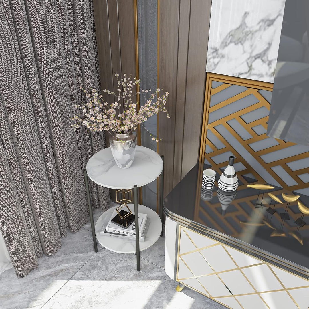 FATIVO Marmor Couchtisch Beistelltisch Sofatisch: 2 Ablagen Beistelltisch rund Nachttisch fürs Wohnz