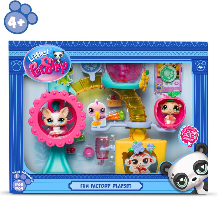 BANDAI Littlest Pet Shop - Fun Factory Set - Spielset mit 2 Tieren, Dekoration und Zubehör - Niedlic