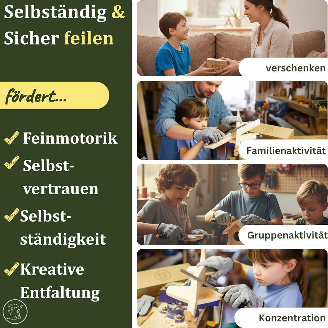 Eli® 3 Holzfeilen Set für Kinder inkl Schutzhandschuhe - Holzraspel - Werkzeuge für Holz - rund - ha