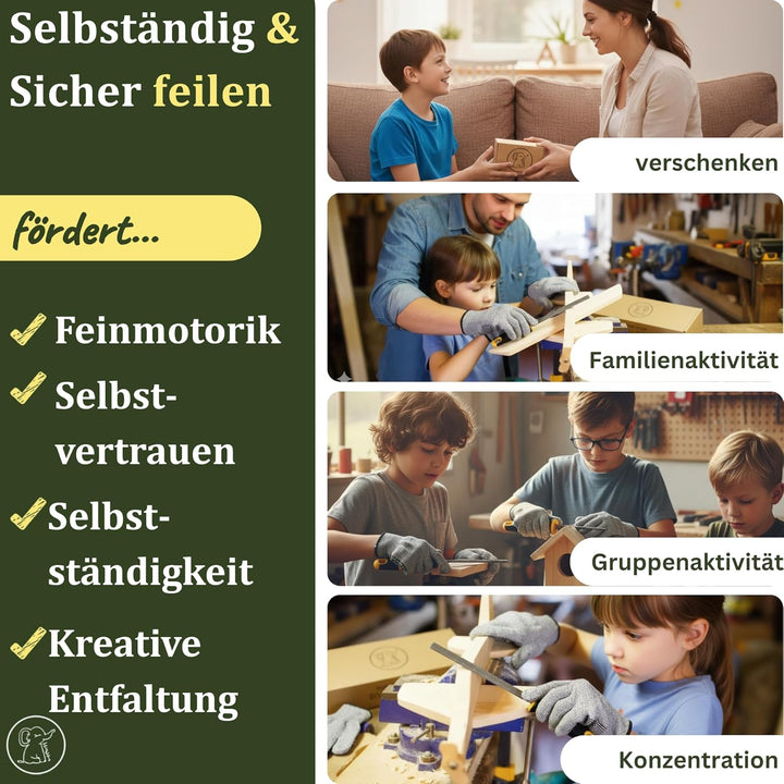Eli® 3 Holzfeilen Set + Säge für Kinder inkl Schutzhandschuhe - Holzraspel - Werkzeuge für Holz - ru