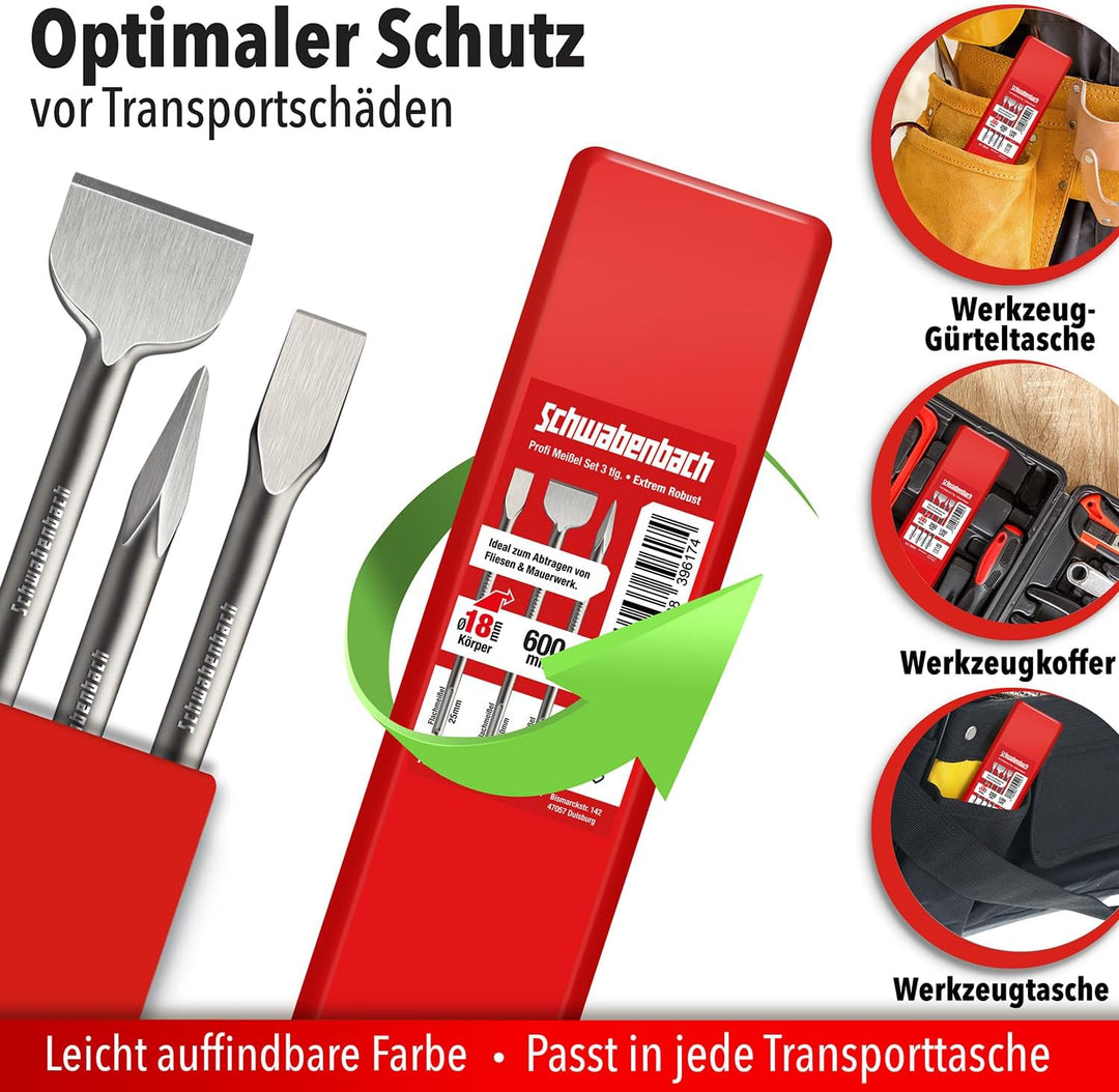 SCHWABENBACH® SDS Max Meissel 600mm Set - 3tlg. 25mm + 50mm + Spitzmeissel - EXTREM ROBUST- Meissel