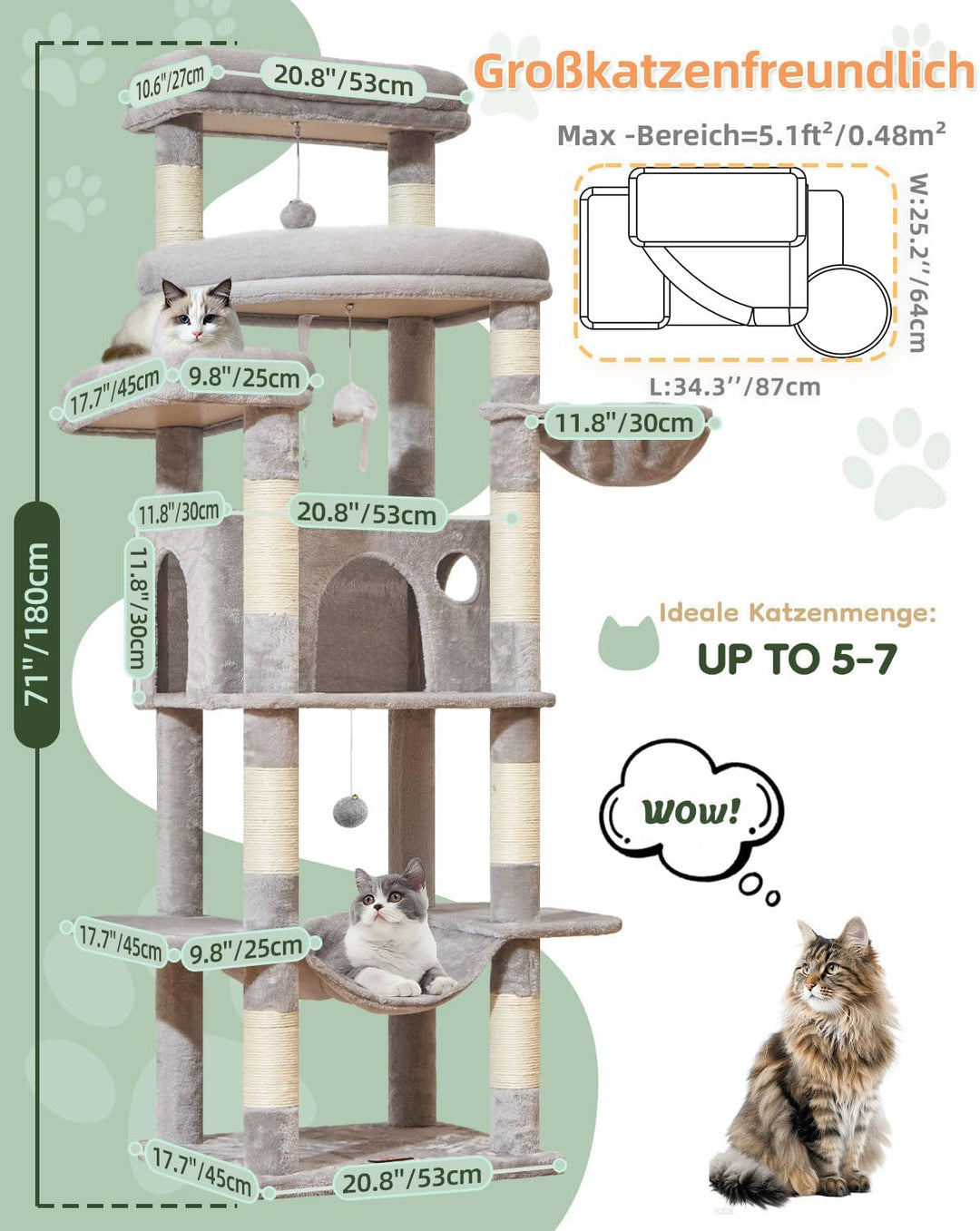 Taoqimiao 180CM Kratzbaum Gross XXL, Katzenbaum Grosse Katzen Stabil kratzbaum Maine Coon mit Katzen