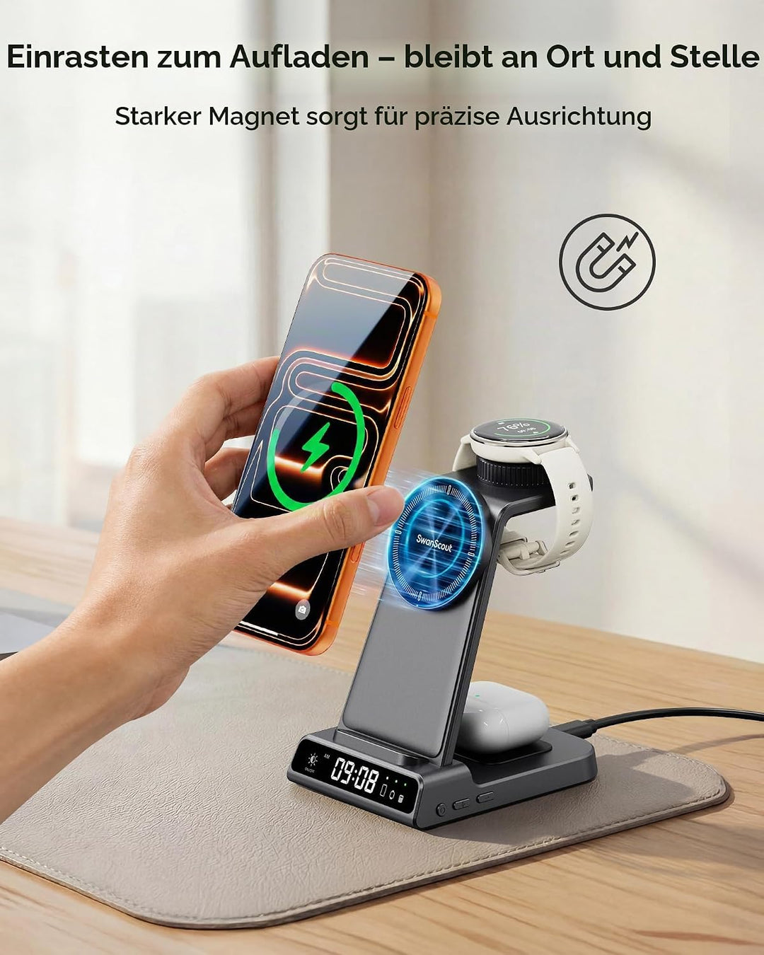 Ladestation für Garmin Watch, Magnetisch Induktive Ladestation für iPhone 17 16 15 14, 3 in 1 Wirele