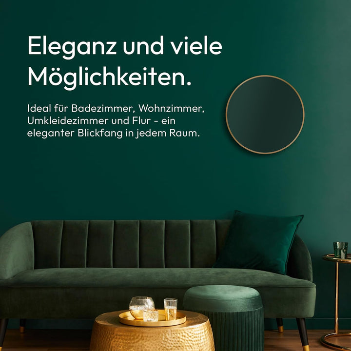 Talos Golden Style Spiegel rund Ø 50 cm – runder Wandspiegel in Gold mit Aufhänge Band in Lederoptik