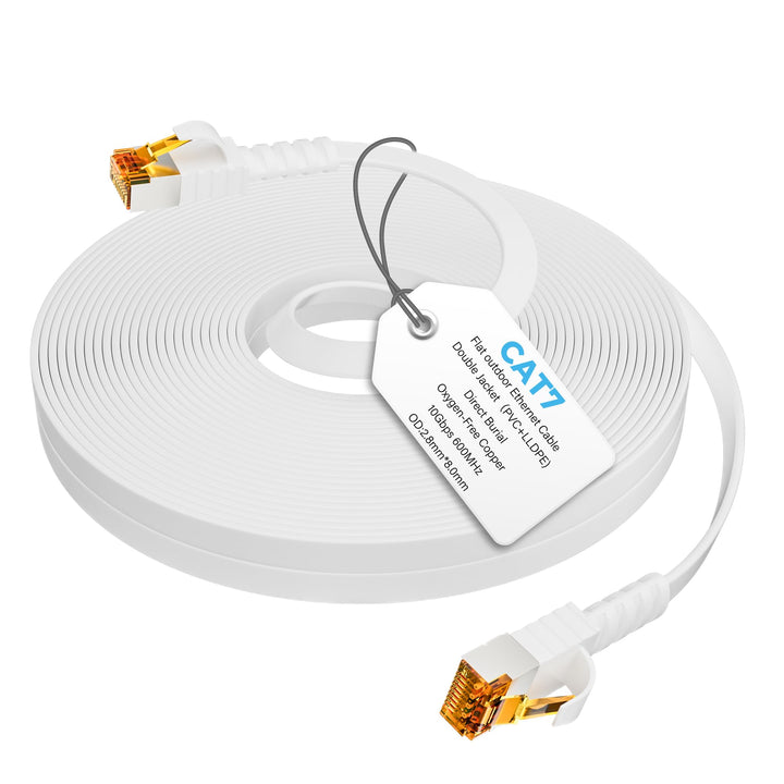 15 Meter Cat7 Flaches Ethernet kabel– Weiss, für den Aussenbereich,10 Gbit/s 600 MHz,POE,Robustes PV