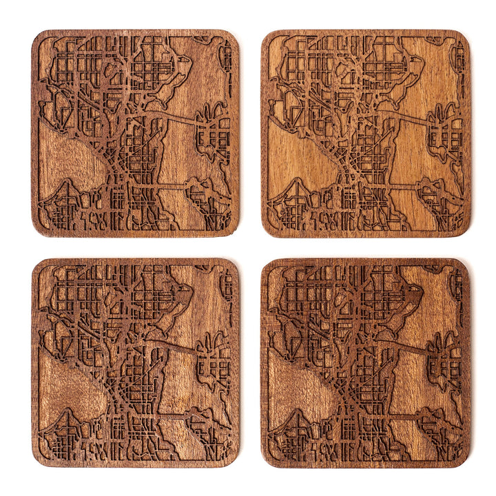Seattle Untersetzer mit Landkarte aus Sapeli-Holz, 4 Stück, mit Stadtkarte, mehrere Stadt optional,