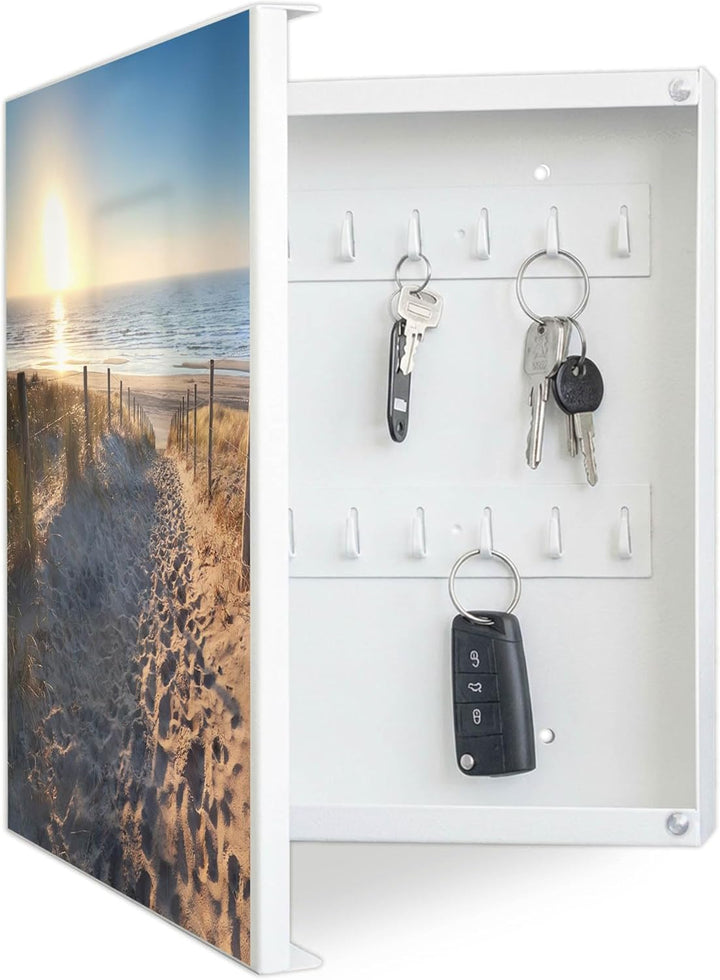 banjado® Grosser Schlüsselkasten Glas/Schlüsselbox 30cm x 30cm mit 50 Haken - Motiv Nordseestrand/Sc