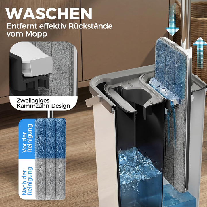 Masthome Wischmopp Set mit Eimer,Bodenwischer Set mit 10 Mikrofaser Pads und Langem Edelstahl Griff,