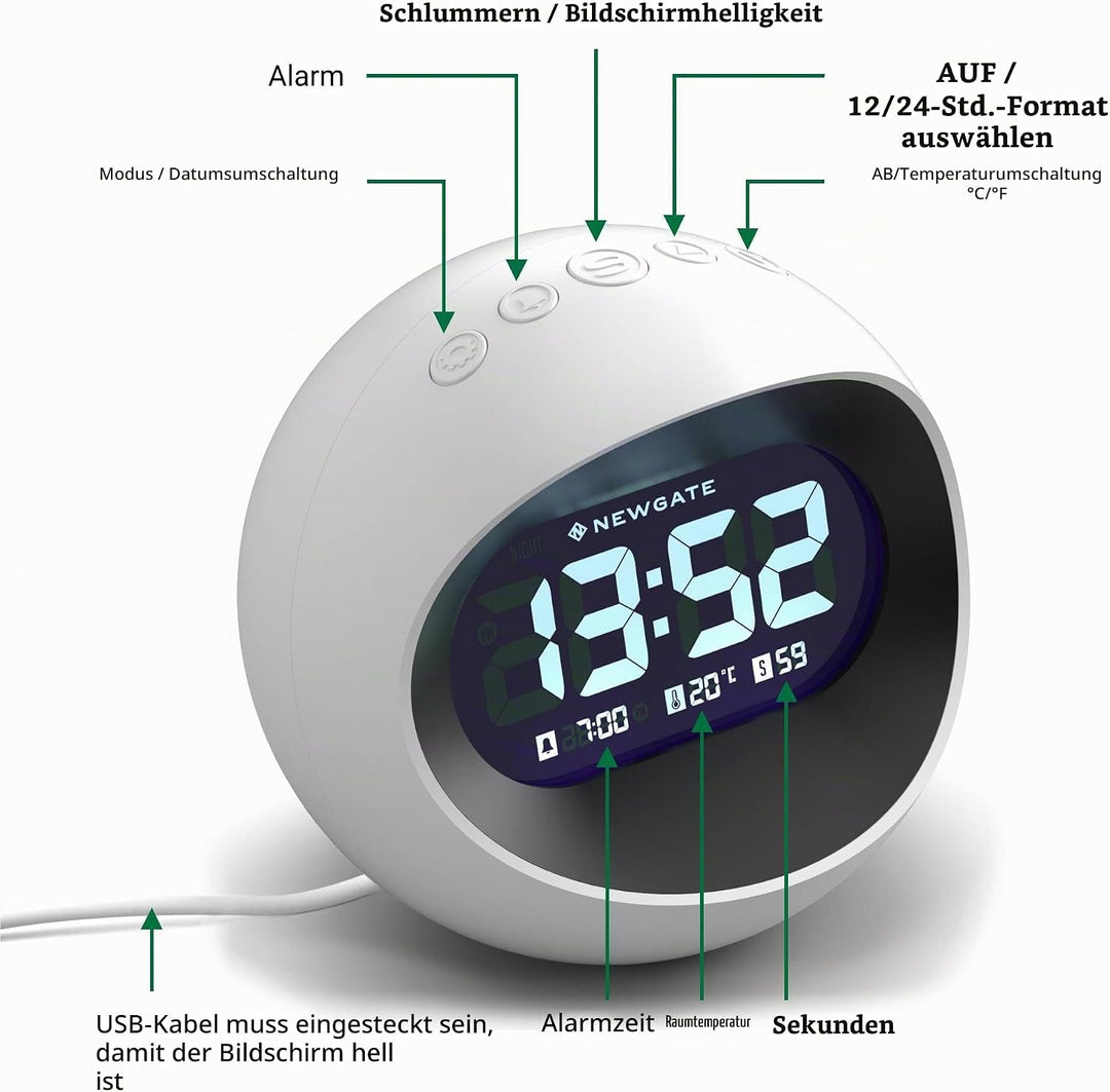 NEWGATE® Digital Centre of The Earth Wecker (weiss mit schwarzem LCD-Display) White With Black Lcd D