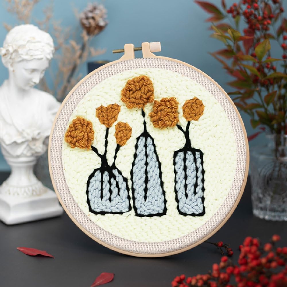 Figured'Art Punch Needle Set für Erwachsene - Stickerei, ideal für Anfänger - Blumen in Vasen - 20x2