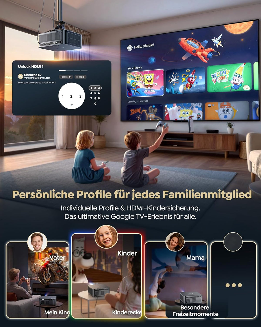 Beamer 4K [2200 ANSI|Google TV|1000+ Offizielle Apps] Beamer Heimkino 4K Unterstützt Autofokus Auto