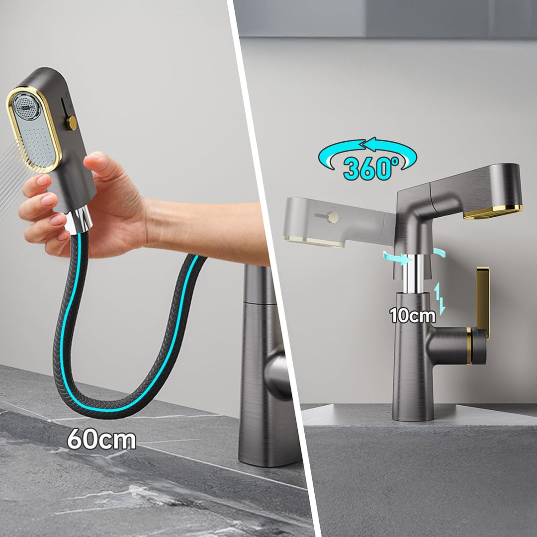 QREZAA Wasserhahn Bad Gun Gray Waschtischarmatur Mit 3 Strahlarten Armatur Waschbecken Mit Ausziehba