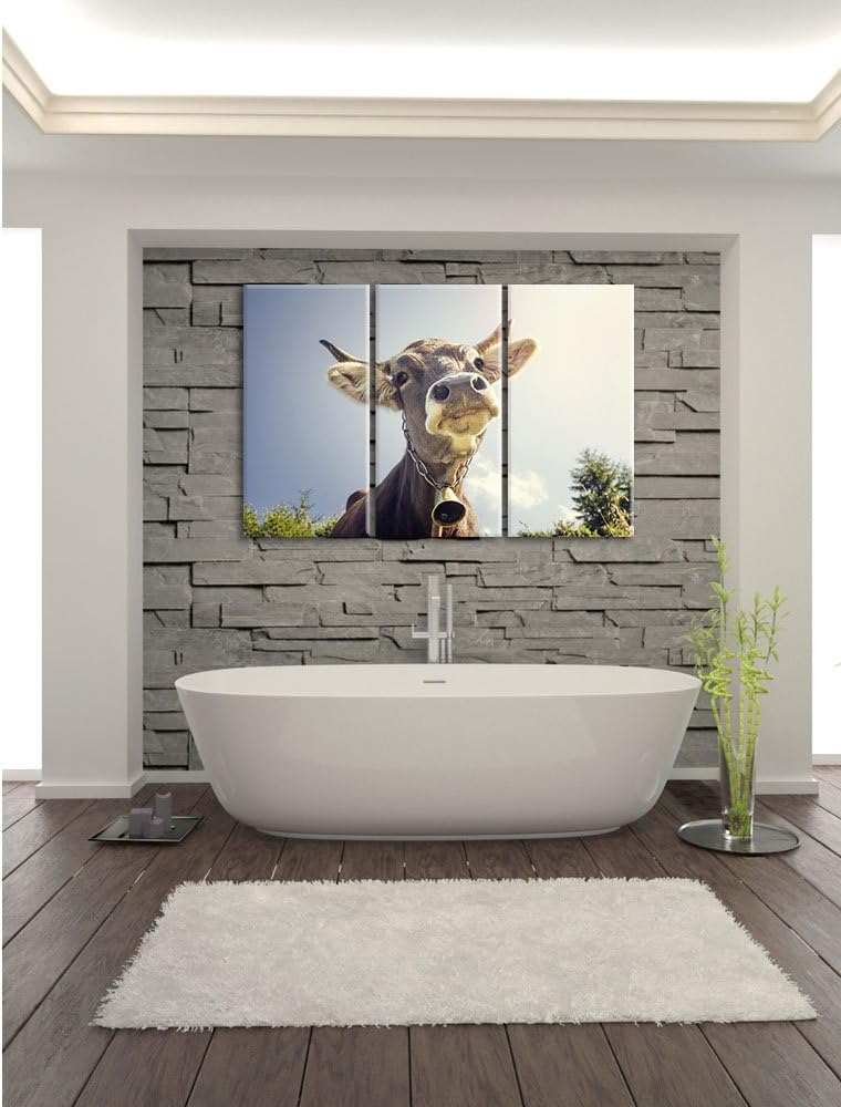 Pixxprint Lustiges Portrait Einer Kuh als Leinwandbild | Grösse: 3 Teilig (120x80) | Wandbild| Kunst