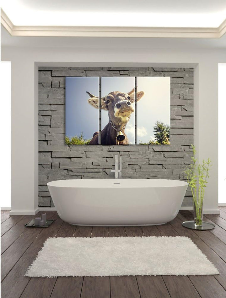 Pixxprint Lustiges Portrait Einer Kuh als Leinwandbild | Grösse: 3 Teilig (120x80) | Wandbild| Kunst