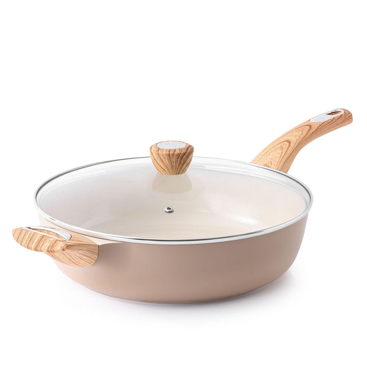 SENSARTE 30cm Beige Keramik Tiefe Bratpfanne mit Deckel, 4.7L Sautepfanne mit Deckel, Grosse Bratpfa