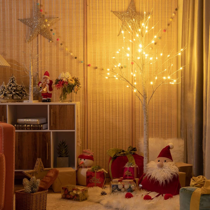 COSTWAY 150cm LED Lichterbaum, Birkenbaum mit warmweissen LED-Leuchten, künstlicher Weihnachtsbaum,