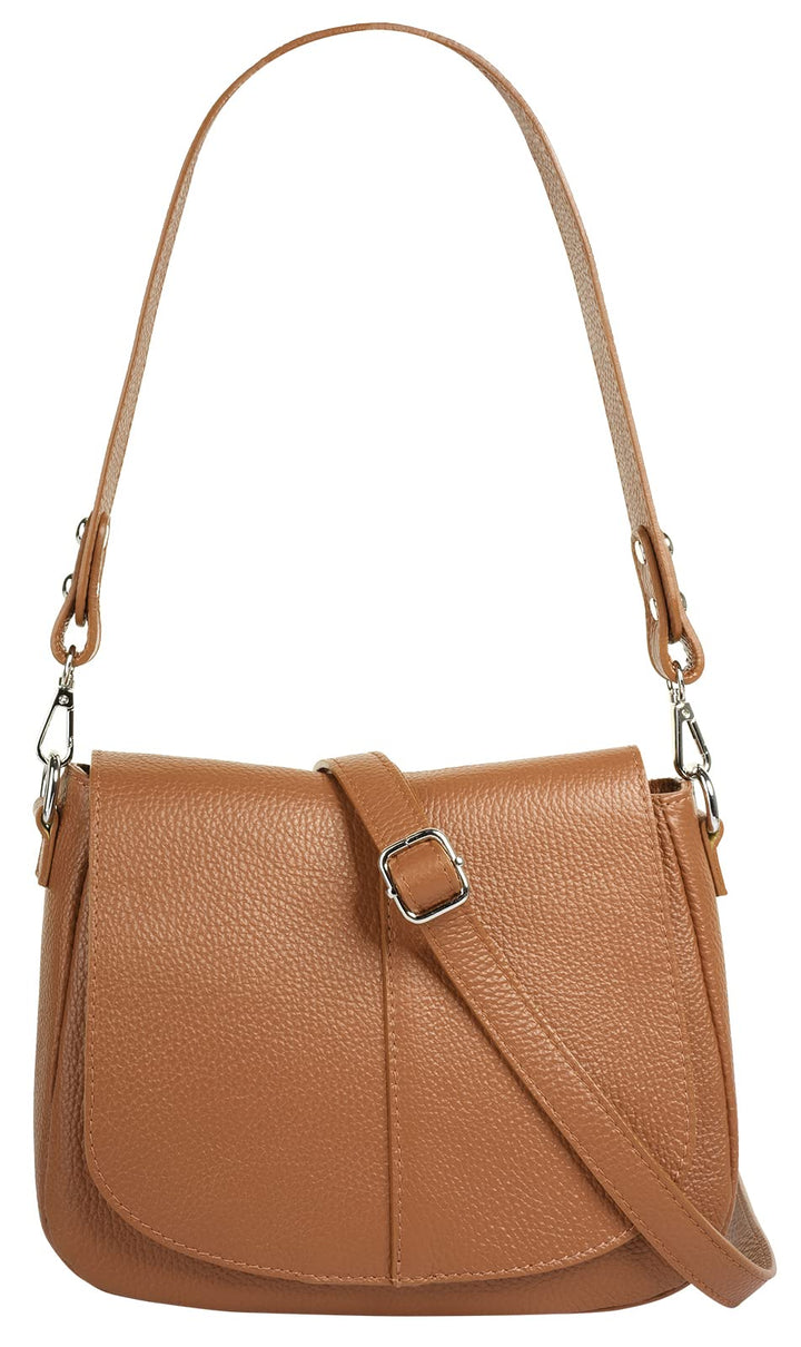 Umhängetasche Echt Leder Damen Made in Italy | Handtasche mit Deckelklappe | elegante Crossbody Bag