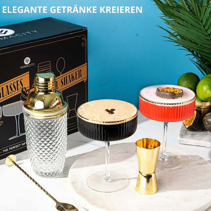 Vemacity Cocktail Set - Glas Cocktail Shaker mit Sieb 450ml | Ink. 2 x Martini Gläser mit Goldrand G