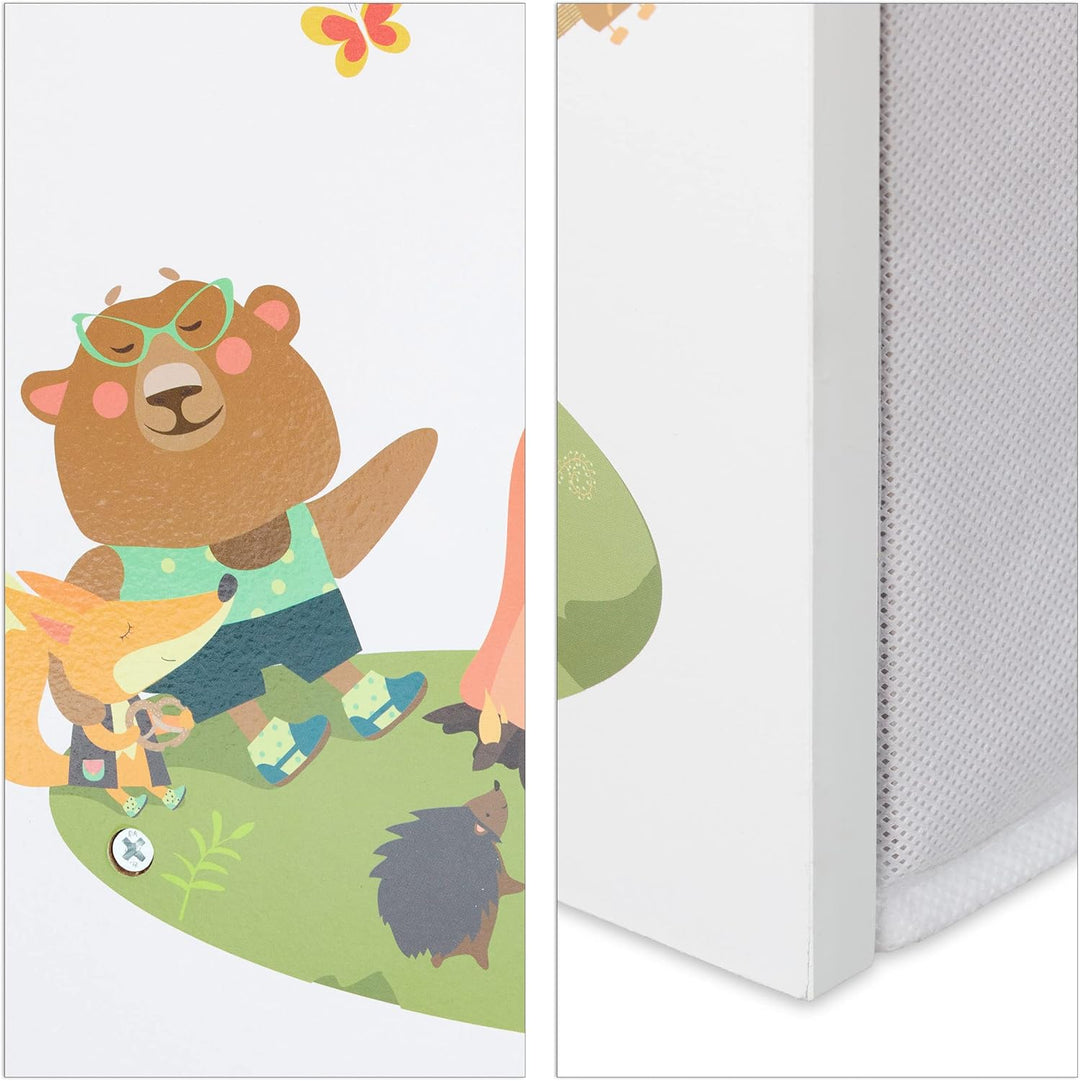 Relaxdays Kinderregal mit 9 Stoffboxen, Lagerfeuer Kindermotiv, Spielzeugregal Organizer HBT 66 x 82