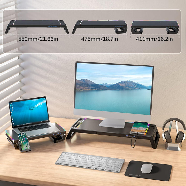 MOOJAY Monitor Ständer für den Schreibtisch Gaming mit 4 USB 3.0 Hub und RGB Licht, Monitor Riser Fa