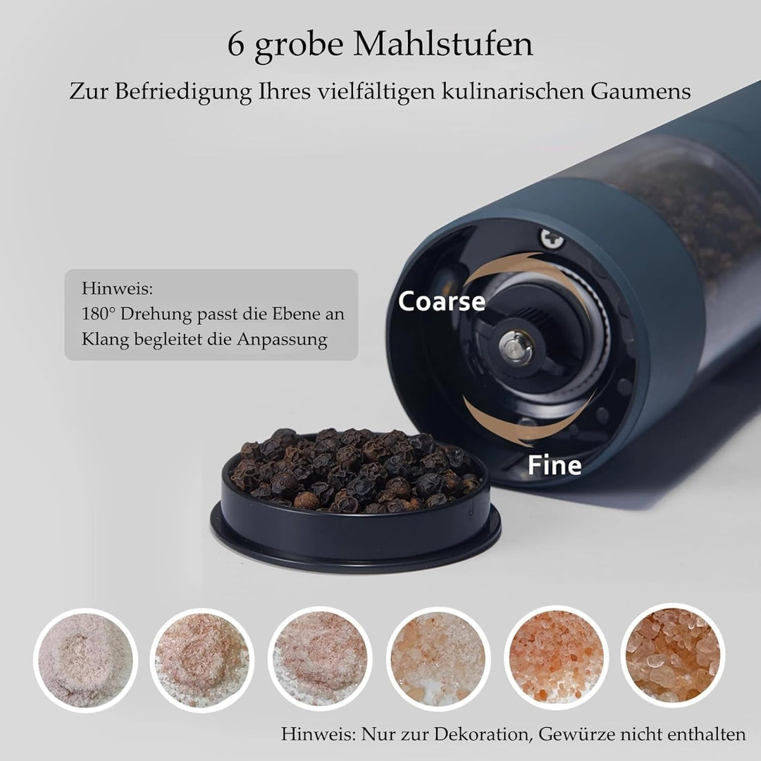Salz und Pfeffermühle Elektrisch 2er Set, USB Wiederaufladbar, Einstellbarer Grobheit Gewürzmühle, P