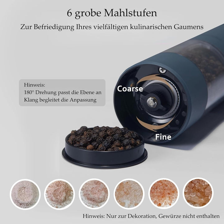 Salz und Pfeffermühle Elektrisch 2er Set, USB Wiederaufladbar, Einstellbarer Grobheit Gewürzmühle, P