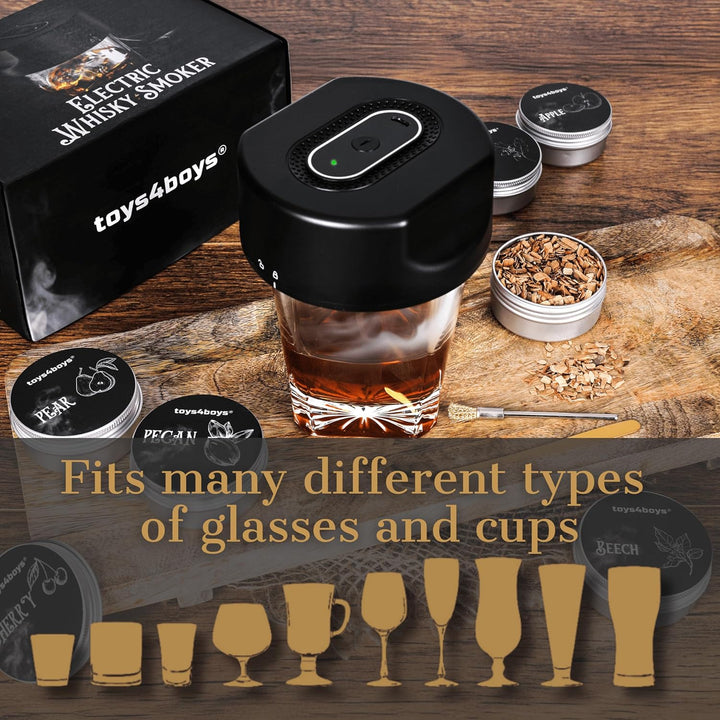 Toys4Boys Elektrischer Whisky Smoker Set - Whiskey Smoker Kit mit 6 Holzsorten - USB Räuchergerät fü