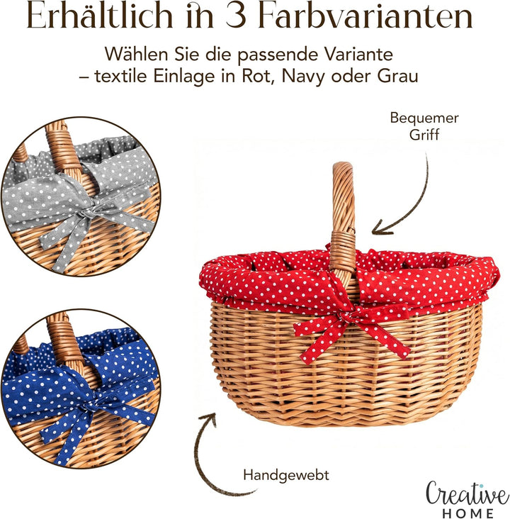 Creative Home Grosser Picknickkorb mit Stoffeinlage Rot mit Pünktchen Weidenkorb mit Henkel | Einkau