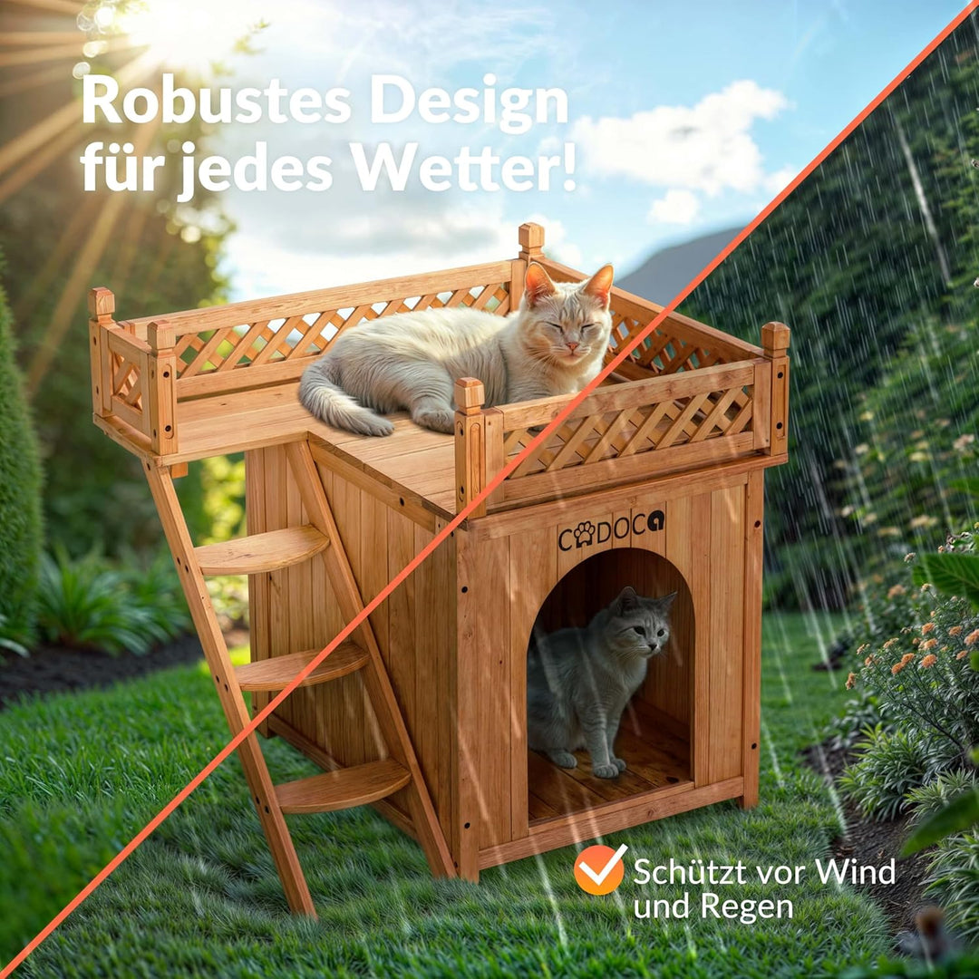 CADOCA® Tierhaus FSC®-Zertifiziert Kiefer 65x55x54cm 2-stöckig Treppe Sonnenterrasse Katzenhaus Katz