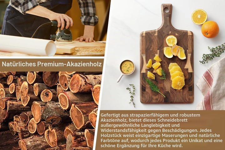 XINZUO Schneidebrett aus Akazienholz 41 * 22 * 1,9cm Rechteckiges Servierbrett mit Griff, Hackbrette