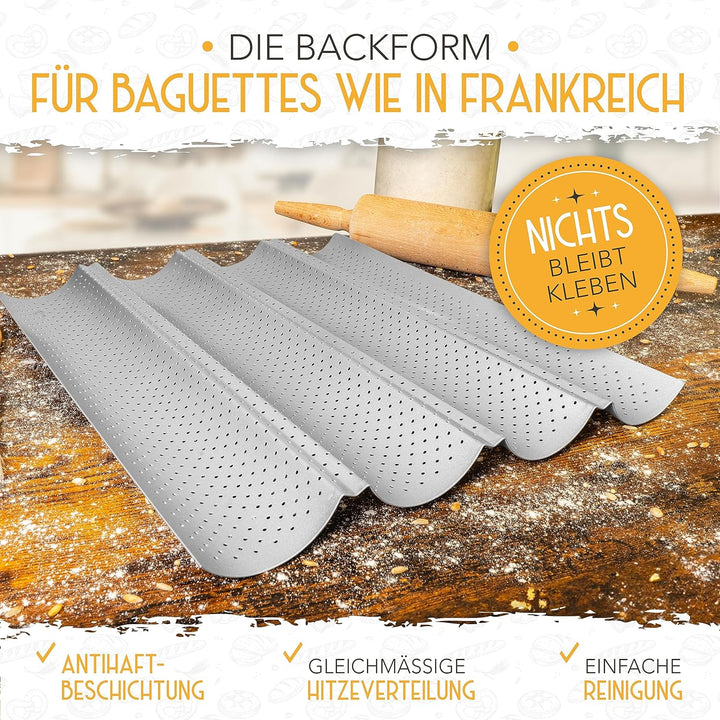 KRUSTENZAUBER Baguette Backform Antihaft inkl. Bäckerleinen u. Bäckermesser - 4er Baguette-Backblech