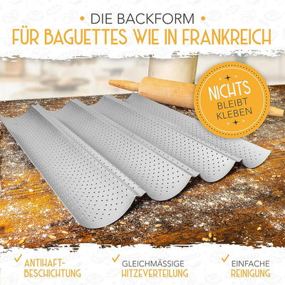 KRUSTENZAUBER Baguette Backform Antihaft inkl. Bäckerleinen u. Bäckermesser - 4er Baguette-Backblech